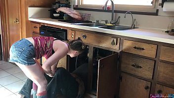Chubby blonde french milf gets a facial from the plumber .